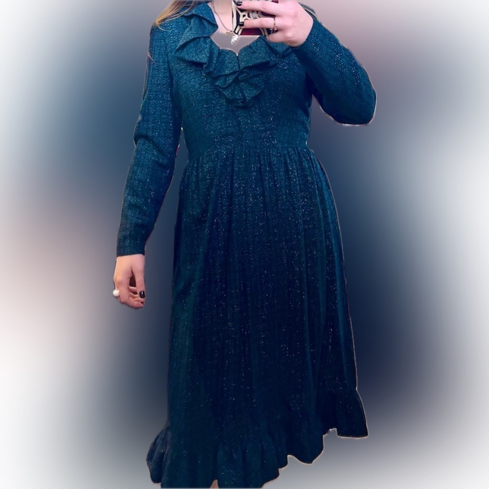 Vintage Handmade Blue Sparkly Dress W/Ruffles, Size M/L, EUC